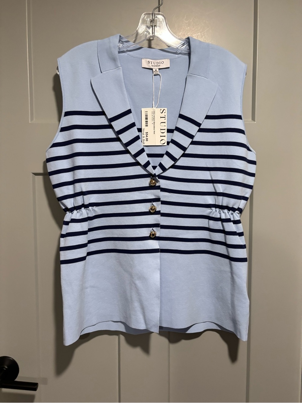 Studio Light Blue Sleeveless Knit Vest with Navy Stripes
